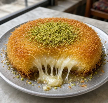 Kunafa: golden shredded pastry with melted cheese, topped with crushed pistachio