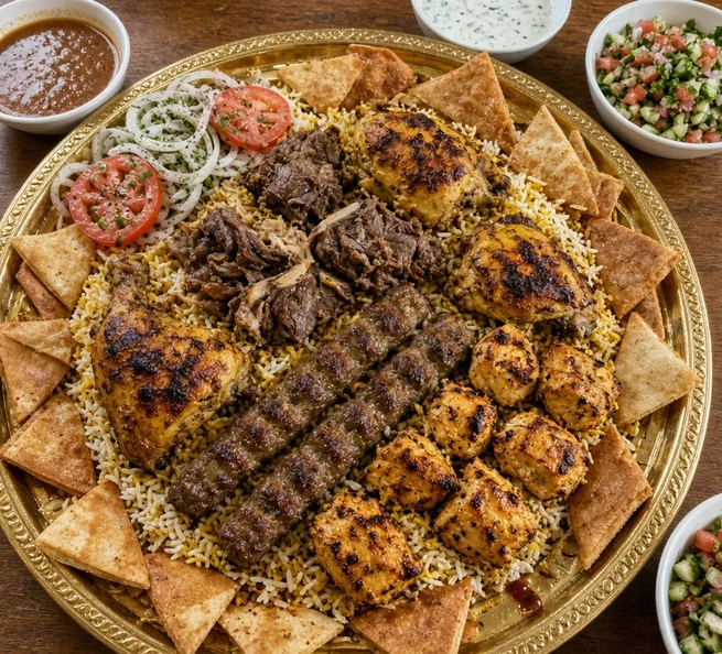 Mixed platter for four: chicken, mutton and seekh kebabs on mandi rice with fried bread, salad and sauces
