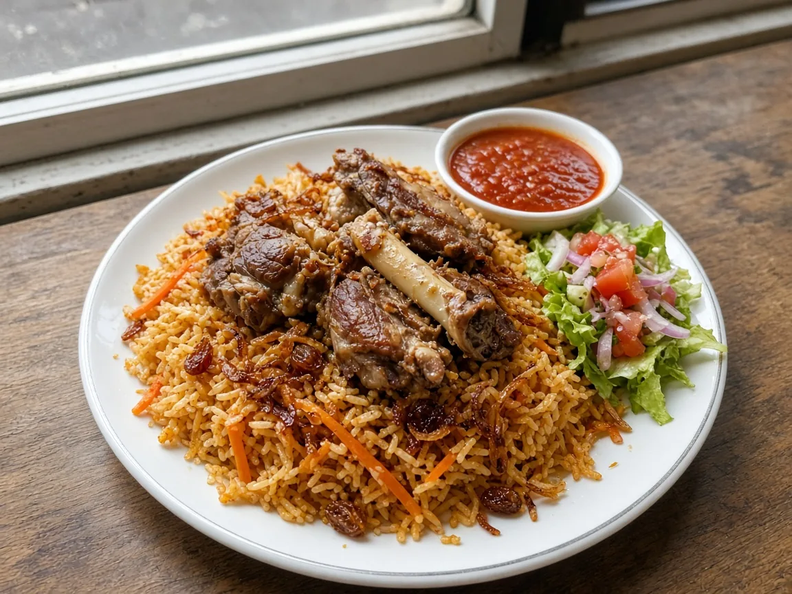 Mutton bukhari: bone-in mutton on orange Bukhari rice with carrot strips and fried onions, with dakkous sauce and salad