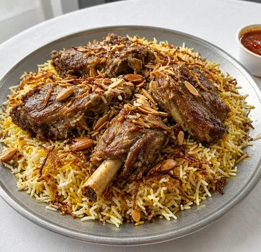 Mutton mandi: slow-cooked bone-in mutton on mandi rice with fried onions and almonds, with dakkous sauce