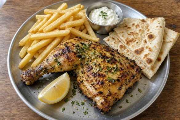 Arabic grilled chicken with garlic and herbs, fries, garlic toum, lemon and flatbread