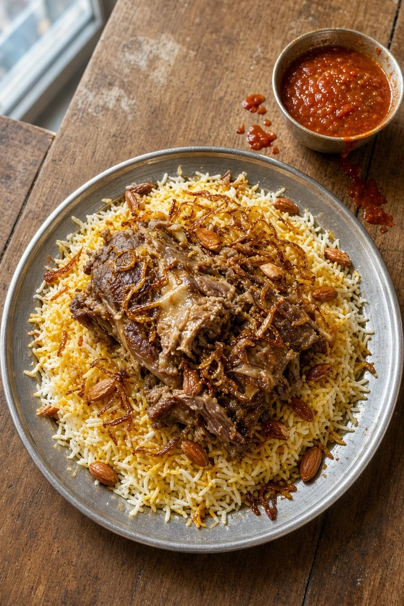 Mutton mandi on a round metal tray with fried onions and almonds, red dakkous sauce on the side