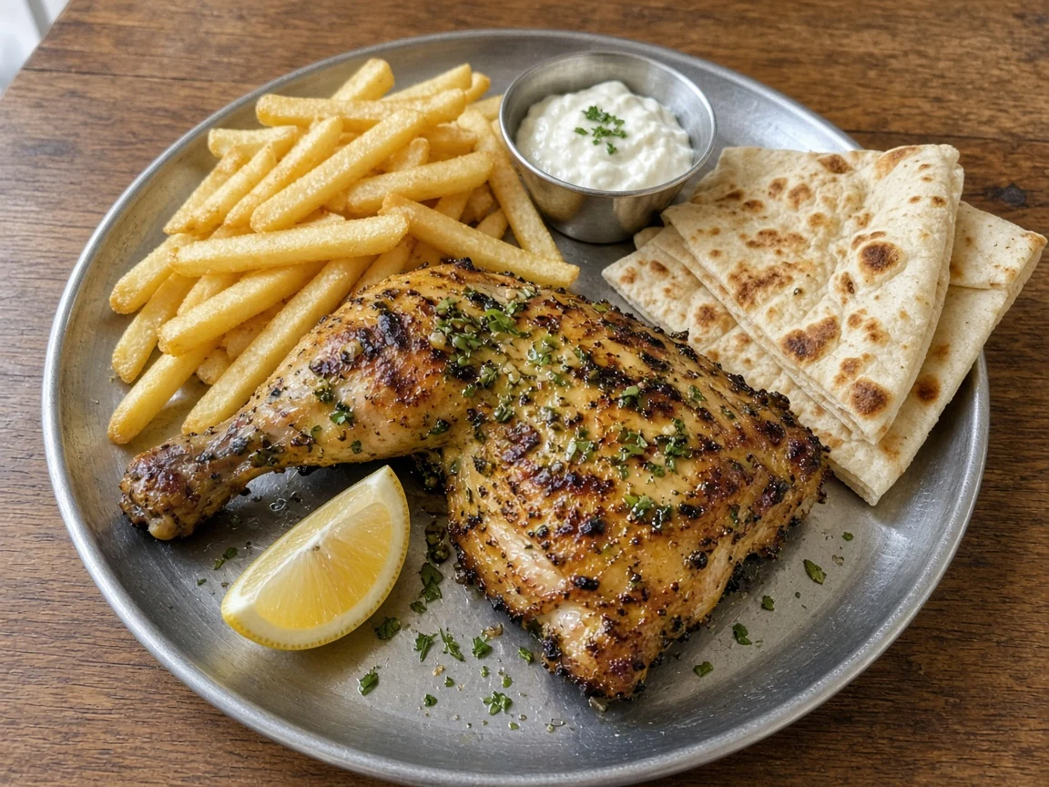 Arabic grilled chicken with garlic and herbs, fries, garlic toum, lemon and flatbread