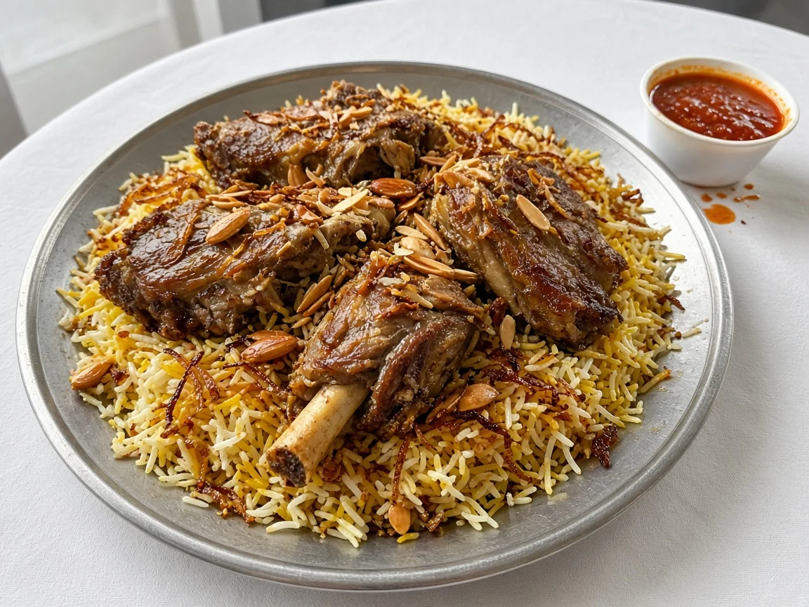 Mutton mandi: slow-cooked bone-in mutton on mandi rice with fried onions and almonds, with dakkous sauce