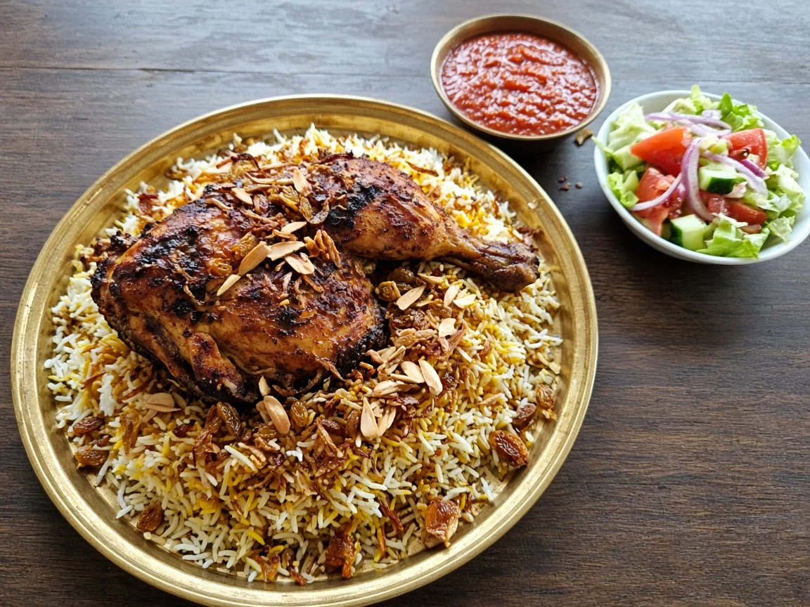 Yemeni chicken mandi: roasted chicken on yellow and white mandi rice with fried onions, almonds and raisins, with dakkous sauce and salad