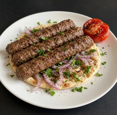 Beef seekh kebabs on flatbread with red onion, parsley, sumac and a grilled tomato