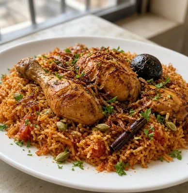 Chicken majboos: chicken on spiced tomato rice with dried lime, cinnamon, cardamom and fried onions