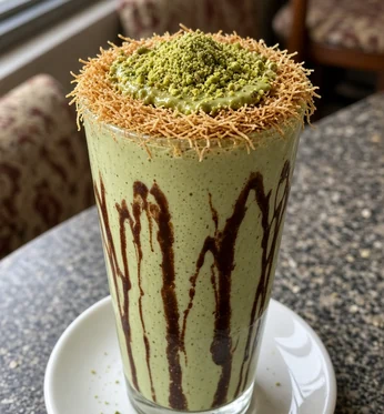 Dubai kunafa shake: pistachio milkshake with toasted shredded pastry and chocolate drizzle