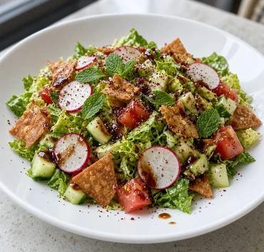Fattoush salad with romaine, tomato, cucumber, radish, mint, sumac and crisp pita