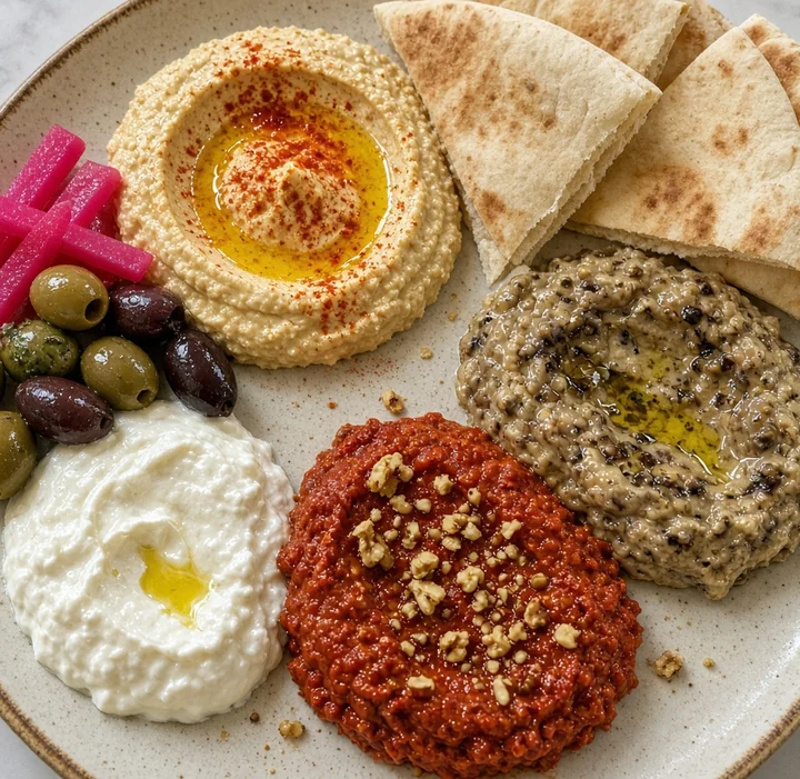Mezze plate with hummus, mutabal, muhammara and garlic dip, olives, pickled turnip and pita