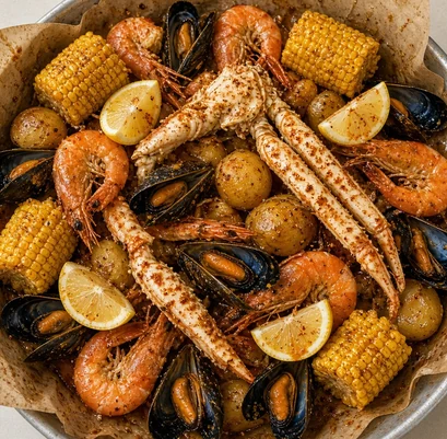 Seafood boil with shrimp, crab legs, mussels, corn and potatoes in Cajun butter sauce with lemon