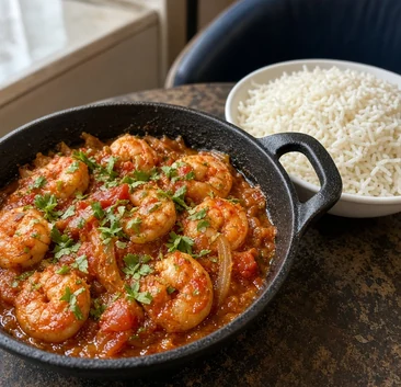 Shrimps hamesha: shrimp in a tomato and onion sauce with herbs in a cast-iron pan, with white rice