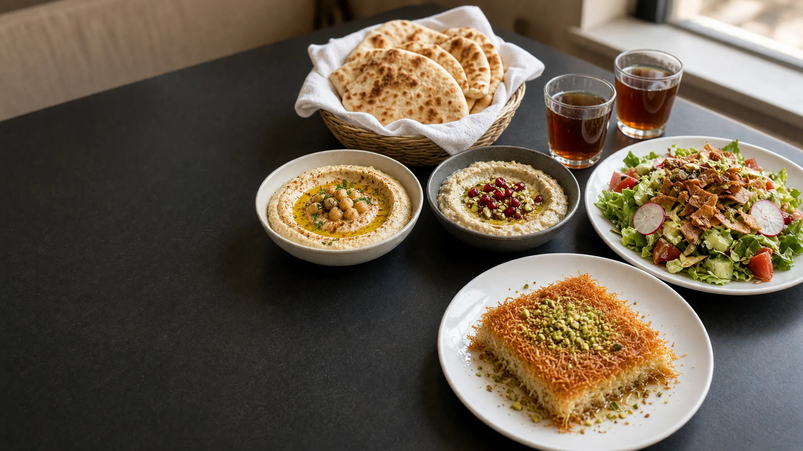 Hummus, mutabal with pomegranate, fattoush, a basket of pita, kunafa with pistachio and glasses of tea