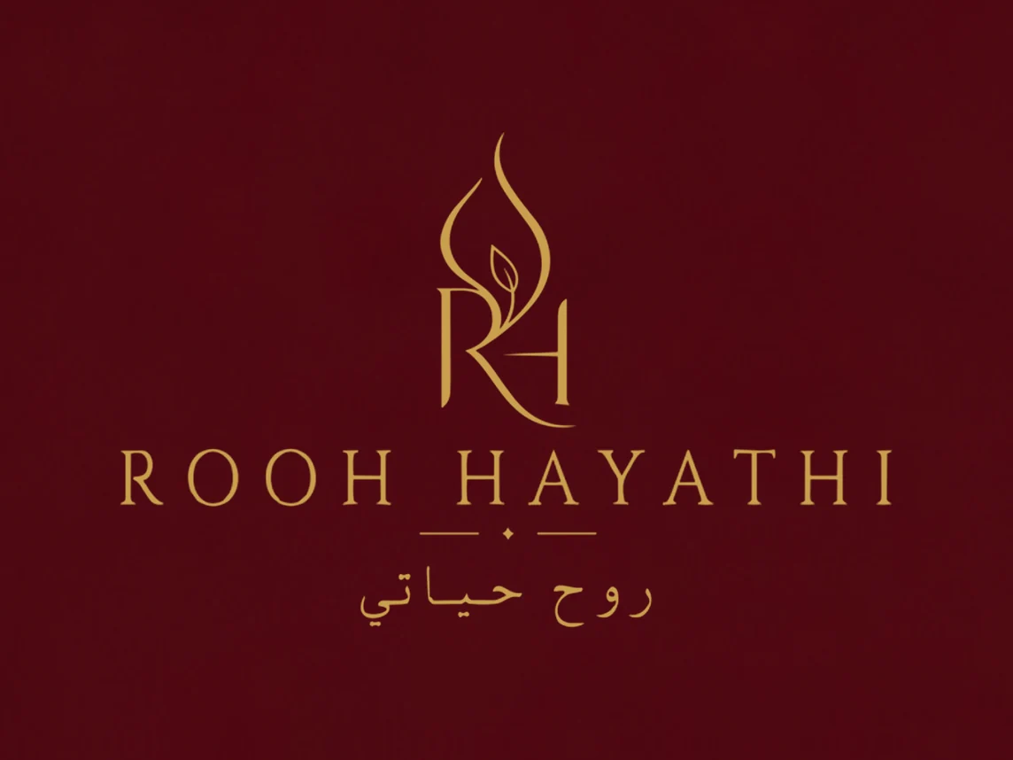 Rooh Hayathi gold logo with Arabic name on deep maroon