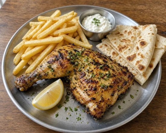 Arabic grilled chicken with garlic and herbs, fries, garlic toum, lemon and flatbread