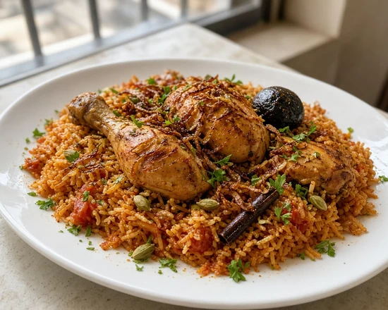 Chicken majboos: chicken on spiced tomato rice with dried lime, cinnamon, cardamom and fried onions