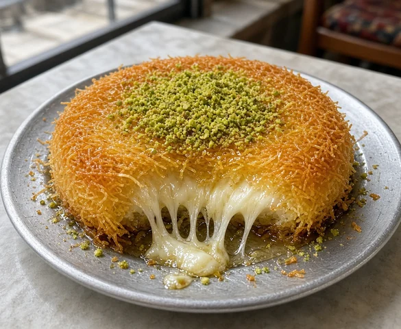 Kunafa: golden shredded pastry with melted cheese, topped with crushed pistachio