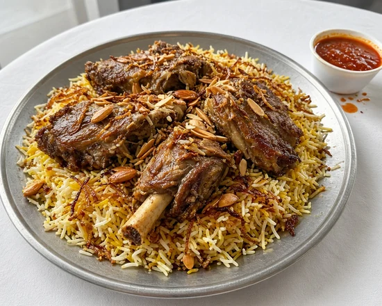 Mutton mandi: slow-cooked bone-in mutton on mandi rice with fried onions and almonds, with dakkous sauce