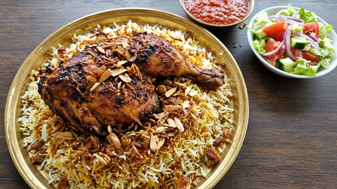 Yemeni chicken mandi: roasted chicken on yellow and white mandi rice with fried onions, almonds and raisins, with dakkous sauce and salad