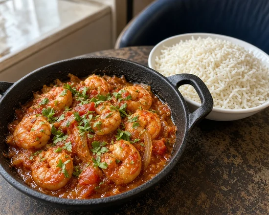 Shrimps hamesha: shrimp in a tomato and onion sauce with herbs in a cast-iron pan, with white rice